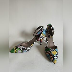 Masseys Colorful Snakeskin Women's Ankle Strap Kitten Heel Shoes Pointed Toe Sz6